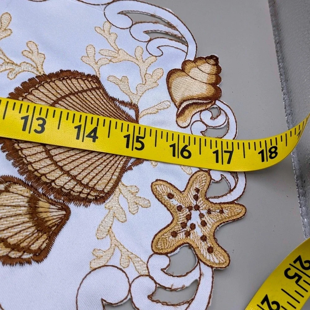 Embroidered Seashell Beach Themed White Gold Keyhole Placemats - Set of 4